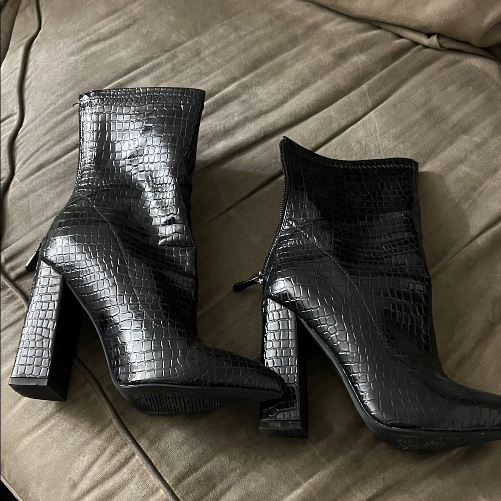 Black Croc-Embossed Ankle Boots